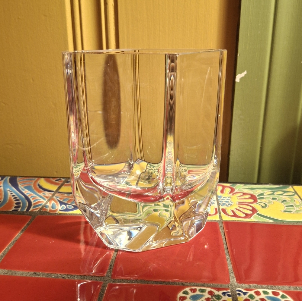 Vintage Kosta Boda Heavy Crystal Diamond Shape Vase Sign Sig P. Art Glass 5 1/8"